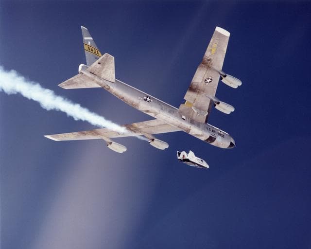 NASA image: X-38 flies free from NASA's B-52 mothership, July 10, 2001