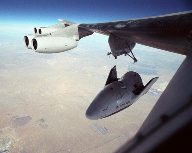 NASA image: The X-38 Vehicle 131R drops away from its launch pylon on the wing of NASA's NB-52B mothership as it begins its eighth free flight on Thursday, December 13, 2001