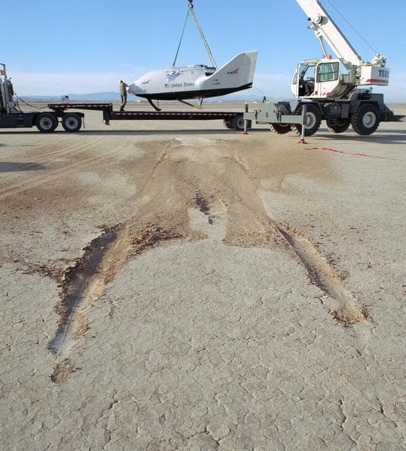 NASA image: Skid marks in the lakebed show the landing path after the successful eighth free flight test mission of the NASA X-38