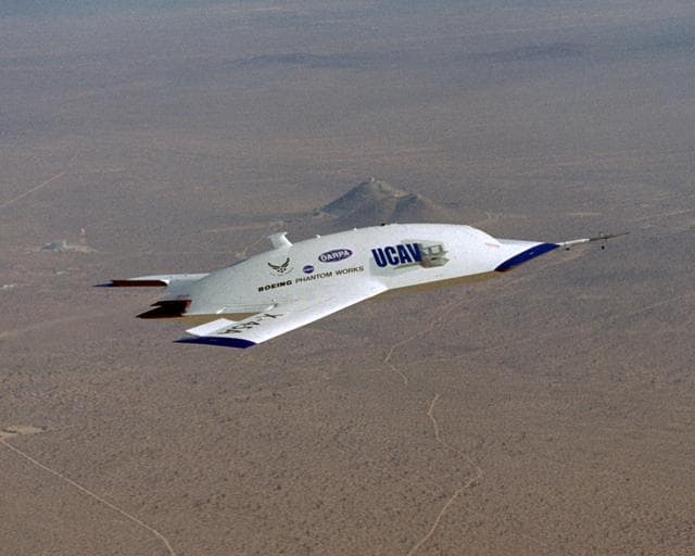 NASA image: The first X-45A Unmanned Combat Air Vehicle (UCAV) technology demonstrator completed its sixth flight on Dec. 19, 2002, raising its landing gear in flight for the first time. The X-45A flew for 40 minutes and reached an airspeed of 195 knots