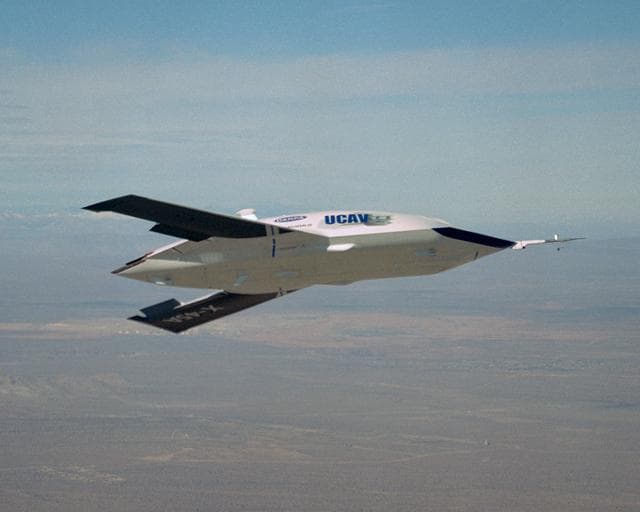 NASA image: The first X-45A Unmanned Combat Air Vehicle (UCAV) technology demonstrator completed its sixth flight on Dec. 19, 2002, raising its landing gear in flight for the first time. The X-45A flew for 40 minutes and reached an airspeed of 195 knots