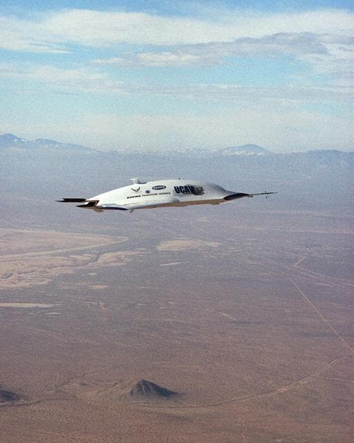 NASA image: The first X-45A Unmanned Combat Air Vehicle (UCAV) technology demonstrator completed its sixth flight on Dec. 19, 2002, raising its landing gear in flight for the first time. The X-45A flew for 40 minutes and reached an airspeed of 195 knots