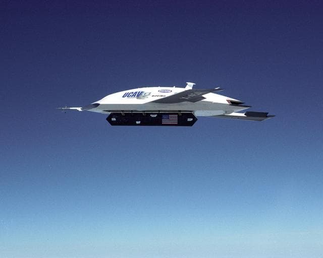 NASA image: X-45A Air Vehicle #1 during flight #13, with weapons bay door open