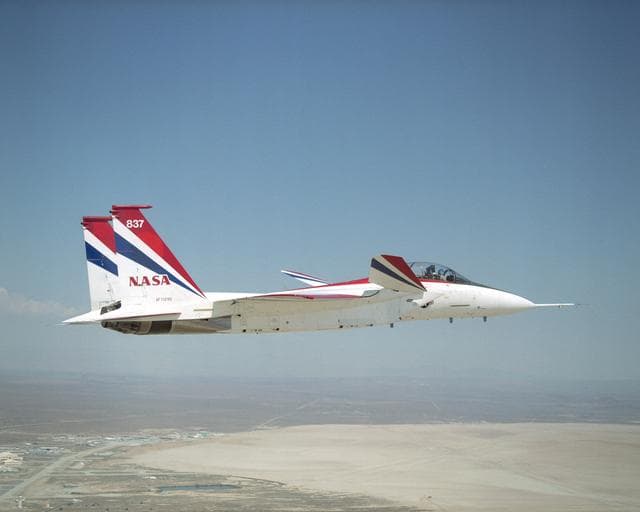 NASA image: NASA Dryden's highly modified F-15B aircraft, tail number 837, serves as an Intelligent Flight Control System (IFCS) research testbed aircraft