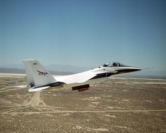 NASA image: NASA's F-15B conducts a local Mach investigation flight over California's Mojave Desert.