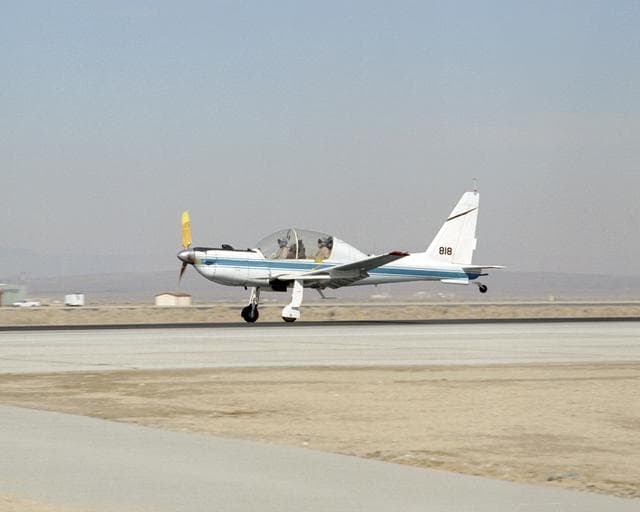 NASA image: NASA's converted YO-3A observation plane, now used for acoustics research, touches down at Edwards Air Force Base following a pilot checkout flight