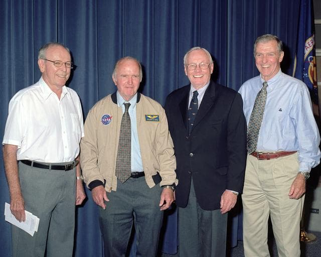 NASA image: Robert White, Bill Dana, Neil Armstrong and Joe Engle were on hand when astronaut wings were presented to the three NASA pilots who flew the X-15 into space.