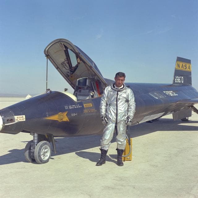 NASA image: Air Force pilot Mike Adam poses with X-15 flown with NASA