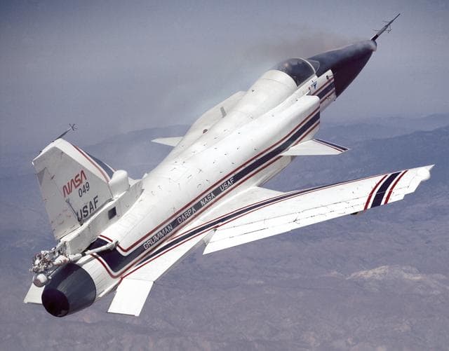 NASA image: X-29 at High Angle of Attack with Smoke Generators