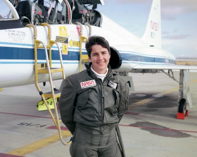 NASA image: Marta Bohn-Meyer flew as a back-seat flight test engineer in this NASA T-38 mission support aircraft when this 1993 photo was taken.