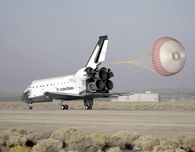 NASA image: STS-58 Landing at Edwards with Drag Chute
