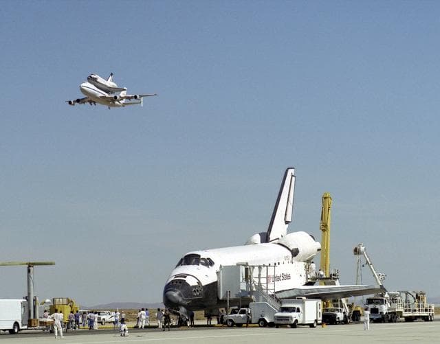 NASA image: STS-68 on Runway with 747 SCA - Columbia Ferry Flyby
