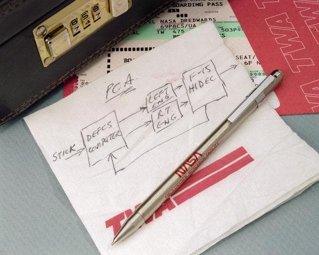 NASA image: A simple sketch on a TWA napkin by NASA Dryden engineer Frank W. "Bill" Burcham led to development and validation of the Propulsion-Controlled Aircraft concept.