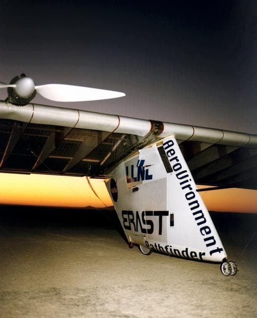 NASA image: Pathfinder - closeup of flight preparation on lakebed at sunrise