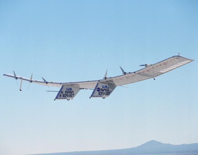 NASA image: Pathfinder aircraft taking off - setting new solar powered altitude record