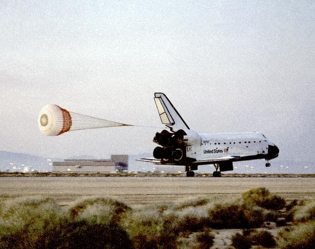 NASA image: STS-76 Landing - Space Shuttle Atlantis Lands at Edwards Air Force Base, Drag Chute Deploy