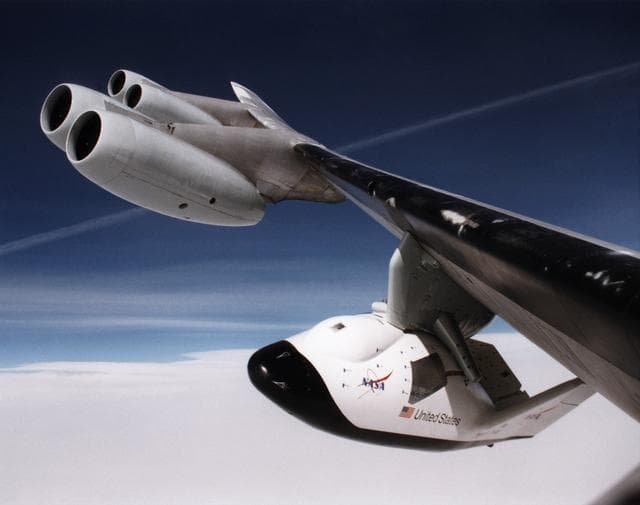 NASA image: X-38 on B-52 Wing Pylon - View from Observation Window