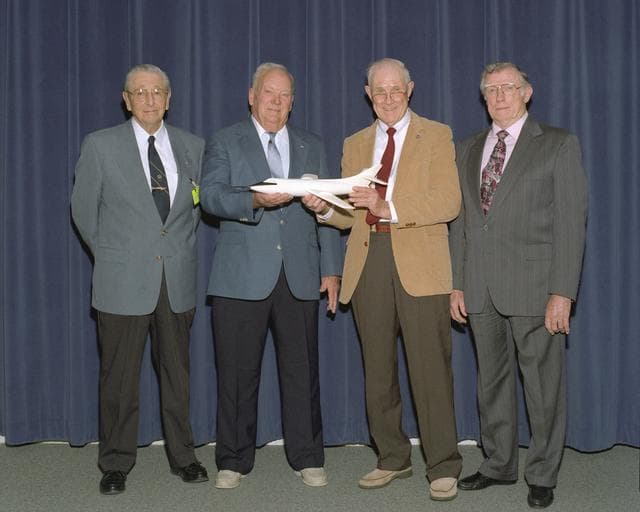 NASA image: Former NACA test pilots Scott Crossfield, Stan Butchart, Robert Champine, and John Griffith gathered at NASA DFRC for the "Men of Mach 2" symposium.