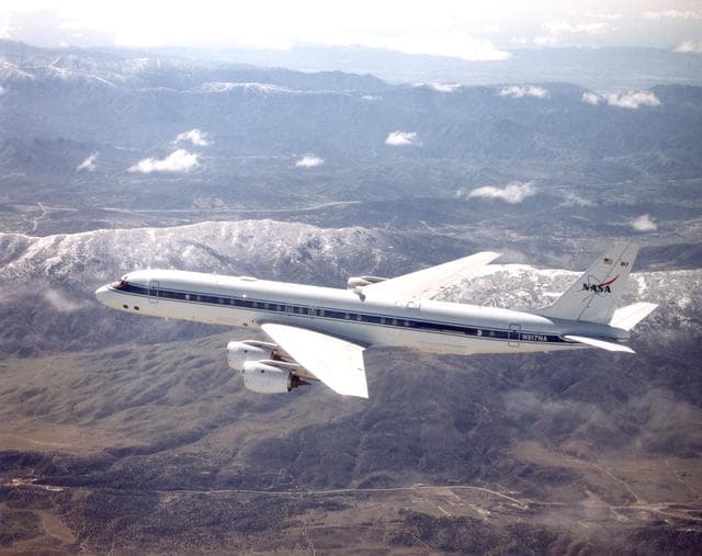 NASA image: DC-8 Airborne Laboratory in flight over Mint Canyon near the San Gabriel Mountains