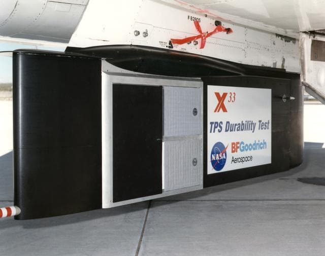 NASA image: Closeup of F-15B Flight Test Fixture (FTF) with X-33 Thermal Protection Systems (TPS)