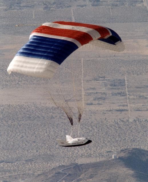 NASA image: X-38 Vehicle #132 in Flight with Deployed Parafoil during First Free Flight