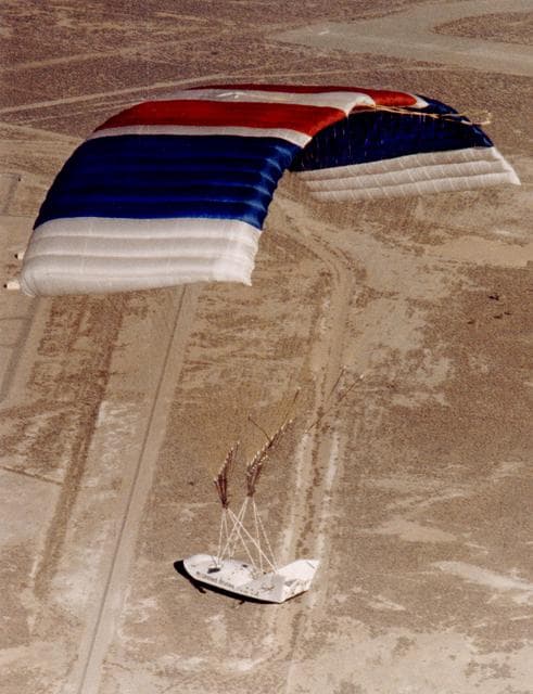 NASA image: X-38 Vehicle #132 in Flight with Deployed Parafoil during First Free Flight