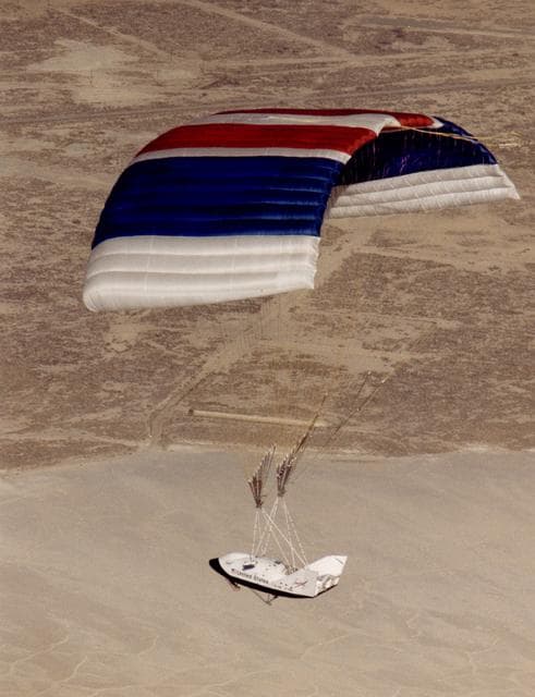 NASA image: X-38 Vehicle #132 in Flight with Deployed Parafoil during First Free Flight
