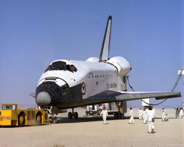 NASA image: The Space Shuttle Columbia on Rogers Dry lakebed at Edwards AFB after landing to complete its first orbital mission on April 14, 1981
