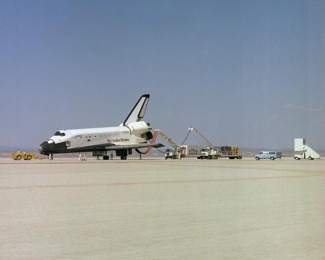NASA image: The Space Shuttle Columbia on Rogers Dry lakebed at Edwards AFB after landing to complete its first orbital mission on April 14, 1981