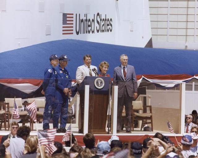 NASA image: President Ronald Reagan speaks to a crowd of more than 45,000 people at NASA's Dryden Flight Research Center following the landing of STS-4 on July 4, 1982