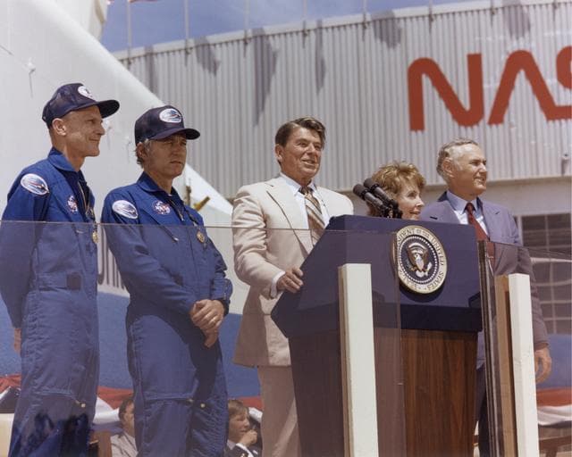 NASA image: President Ronald Reagan speaks to a crowd of more than 45,000 people at NASA's Dryden Flight Research Center following the landing of STS-4 on July 4, 1982