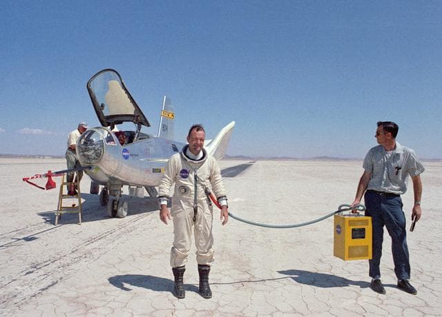 NASA image: Bill Dana in front of HL-10 after flight H-24-37