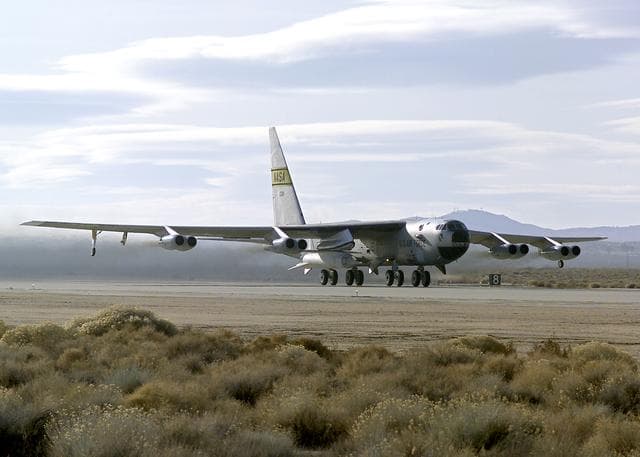 NASA image: Hitching a ride on NASA's B-52 mother ship, the X-43A scramjet performed a captive carry evaluation flight from Edwards Air Force Base, California, January 26, 2004