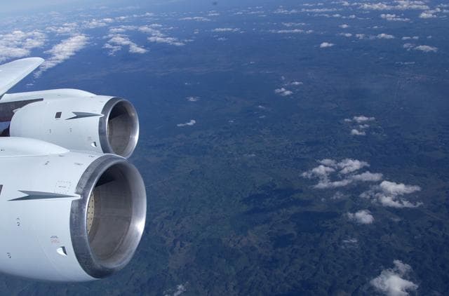 NASA image: This is a photograph from the left side of the aircraft as NASA's DC-8 does an AirSAR 2004 research "line" over Honduras