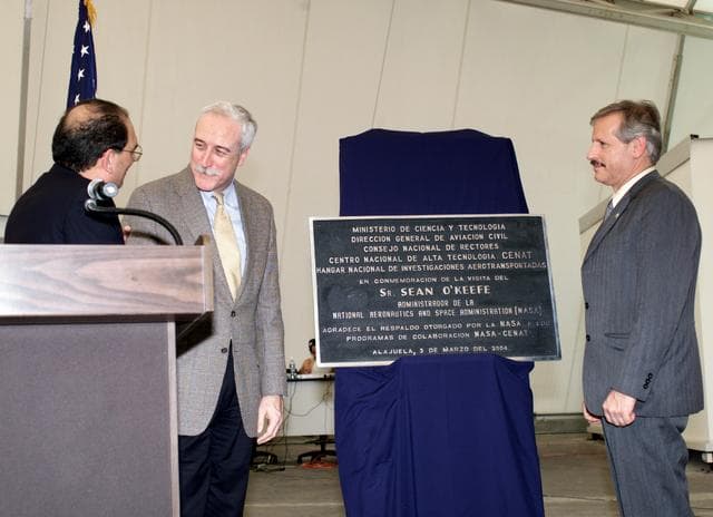 NASA image: AirSAR 2004 plaque unveiling by NASA Administrator Sean O'Keefe and Fernando Gutierrez, Costa Rican Minister of Science and Technology(MICIT)
