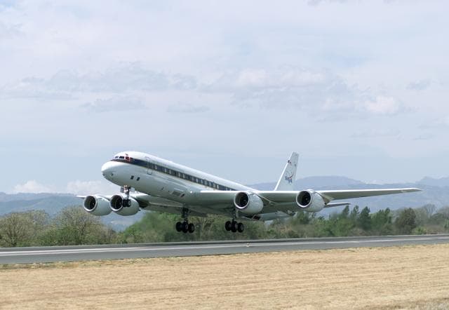 NASA image: NASA's DC-8 flying laboratory takes off from Juan Santamaria International Airport in San Jose, Costa Rica, on NASA's AirSAR 2004 campaign