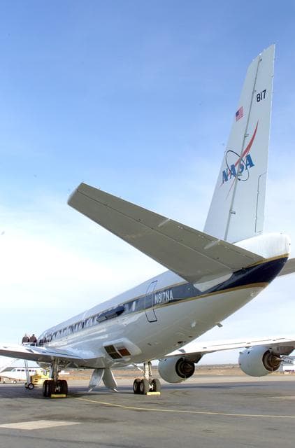 NASA image: NASA’s DC-8 aircraft at Carlos Ibanez International Airport in Punta Arenas, Chile. A portion of AirSAR hardware is visible on the left rear fuselage