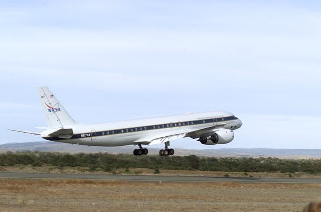 NASA image: NASA's DC-8 flying laboratory takes off from Carlos Ibanez International Airport in Punta Arenas, Chile, during NASA's AirSAR 2004 campaign