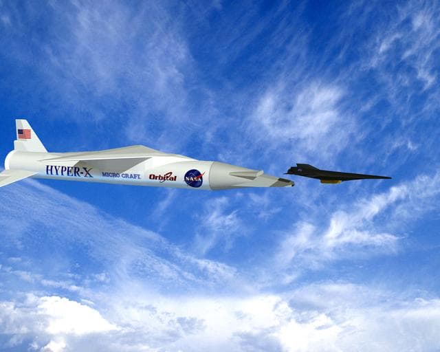 NASA image: This image (captured from animation video) illustrates the separation of the X-43A research vehicle from the Pegasus booster. (LaRC Photo # EL-2000-00532)
