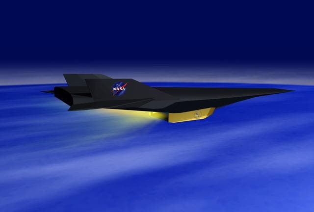 NASA image: This image (captured from animation video) illustrates the X-43A research vehicle alone after separation from the Pegasus booster. (LaRC Photo # EL-2000-00531)