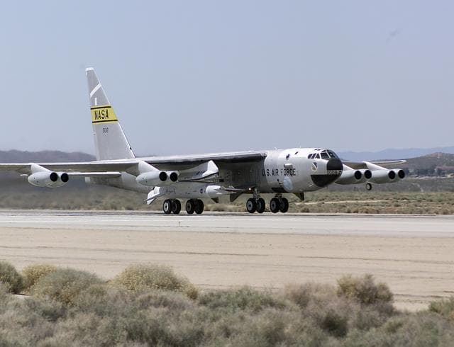 NASA image: NASA's B-52B launch aircraft takes off carrying the second X-43A hypersonic research vehicle attached to a modified Pegasus rocket, on March 27, 2004