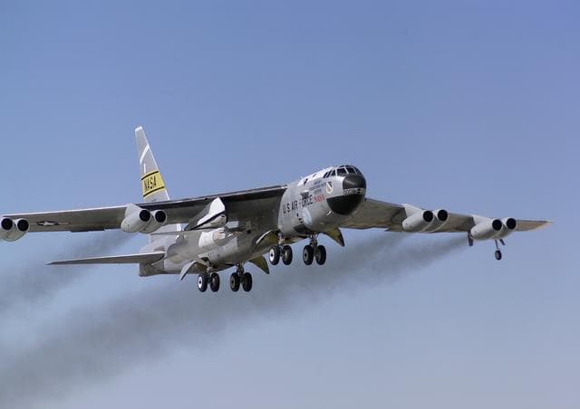 NASA image: NASA's B-52B launch aircraft takes off carrying the third X-43A hypersonic research vehicle on a captive carry evaluation flight September 27, 2004