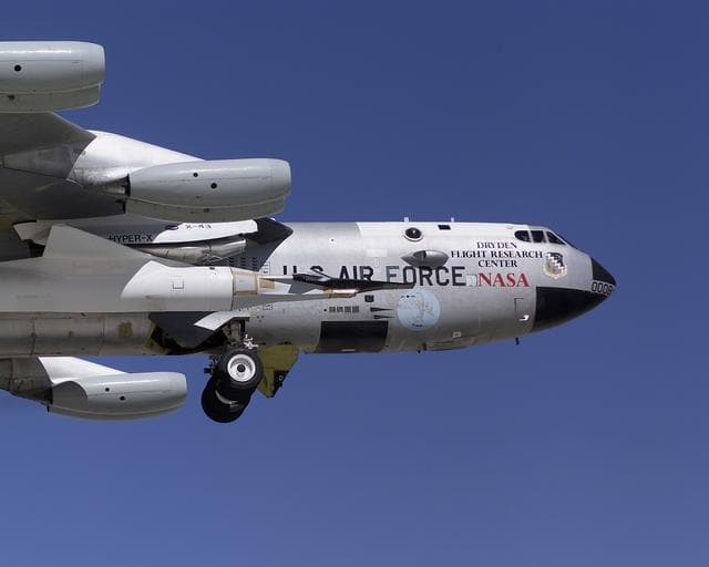 NASA image: NASA's B-52B launch aircraft takes off carrying the third X-43A hypersonic research vehicle on a captive carry evaluation flight September 27, 2004
