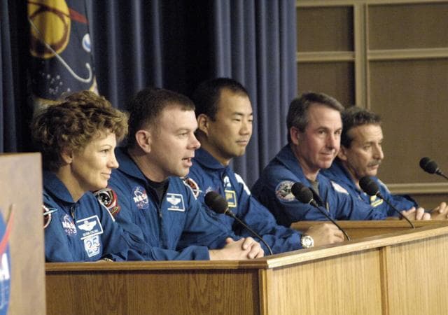 NASA image: Pilot James Kelly answered a question at a briefing following the successful landing of the Space Shuttle Discovery at NASA DFRC on August 9, 2005