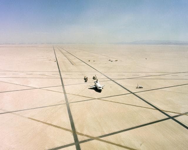 NASA image: The Space Shuttle Columbia on Rogers Dry lakebed at Edwards AFB after landing to complete its first orbital mission on April 14, 1981