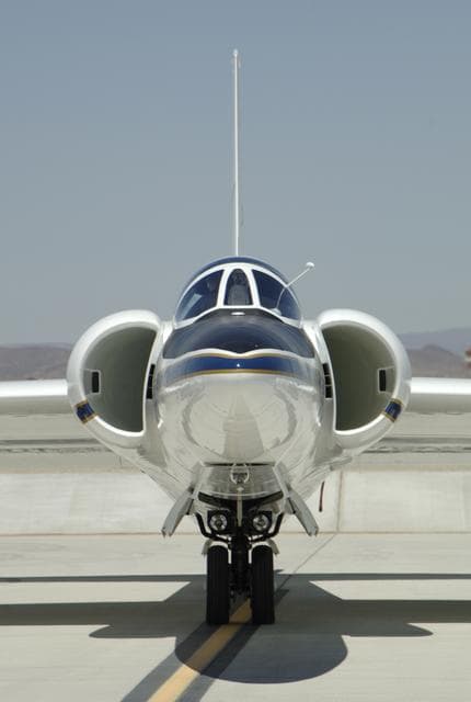 NASA image: The large air intakes for its powerful engine are obvious as NASA's high-flying ER-2 #806 Earth resources aircraft taxies out for another science mission. 