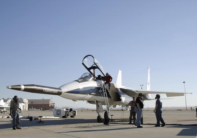 NASA's F-15B testbed aircraft undergoes pre-flight checks before performing the first flight of the Quiet Spike project