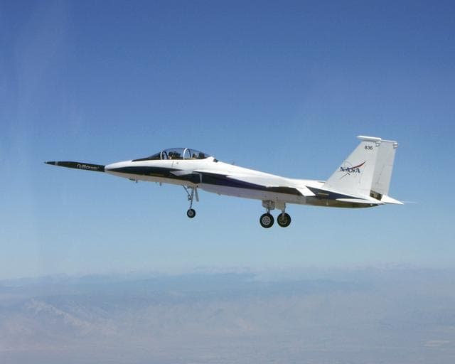 NASA's F-15B testbed aircraft in flight during the first evaluation flight of the joint NASA/Gulfstream Quiet Spike project