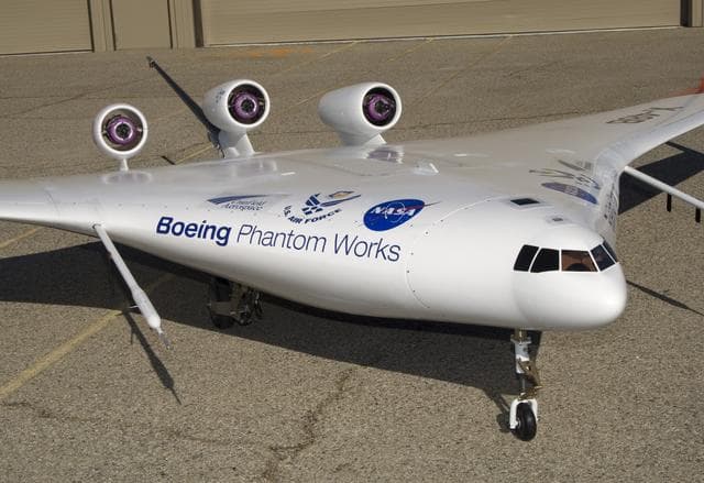 NASA image: This closeup of Boeing Phantom Works' unique X-48B Blended Wing Body technology demonstrator shows off its unusual engine placement and supercritical airfoil