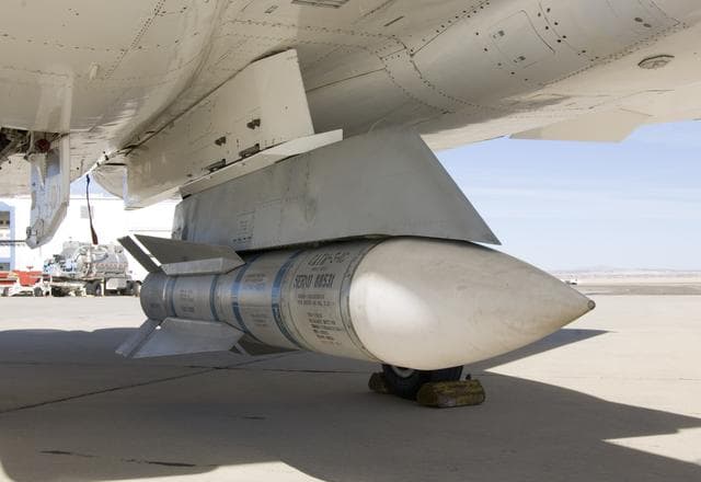 NASA image: Surplus Phoenix missiles like this one mounted on the centerline pylon of NASA's F-15B research aircraft may be used to acquire hypersonic flight test data.